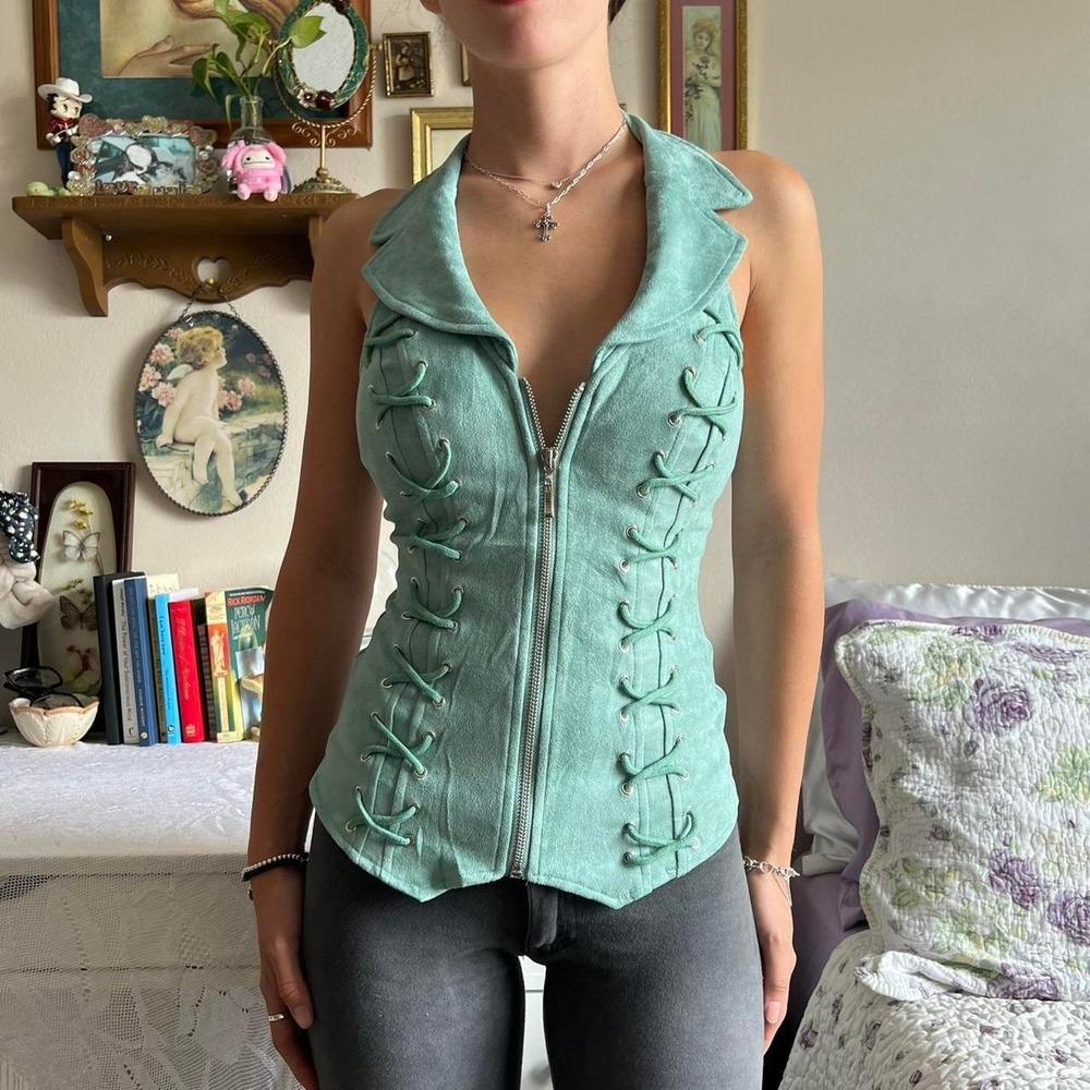 Lydia Turquoise Teal Biker Style Corset Halter Top with front zip up LARGE - Picture 2 of 5